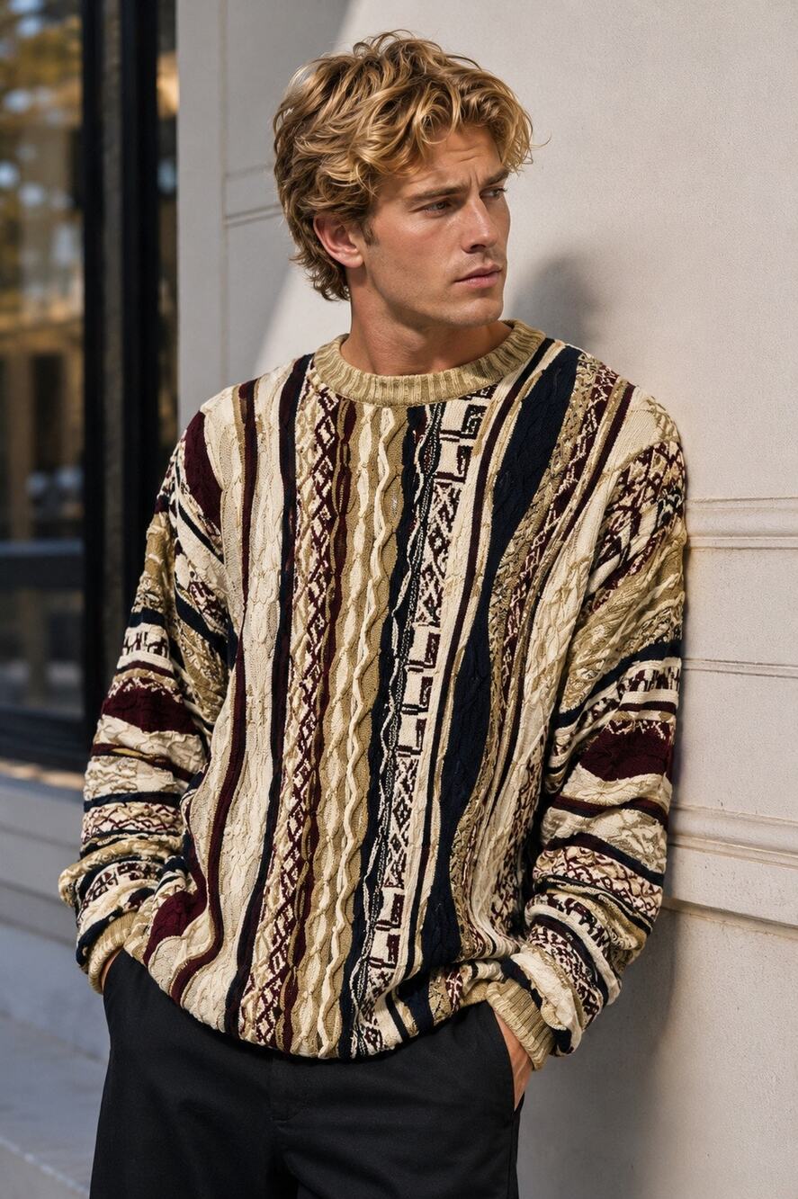 Vintage COOGI Tan Red Cream 90s Geometric Knit Texture Pullover Sweater sz Large